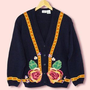 Vintage 90s Lucia Knit Cardigan Sweater Size L Navy Blue Floral Roses V-Neck